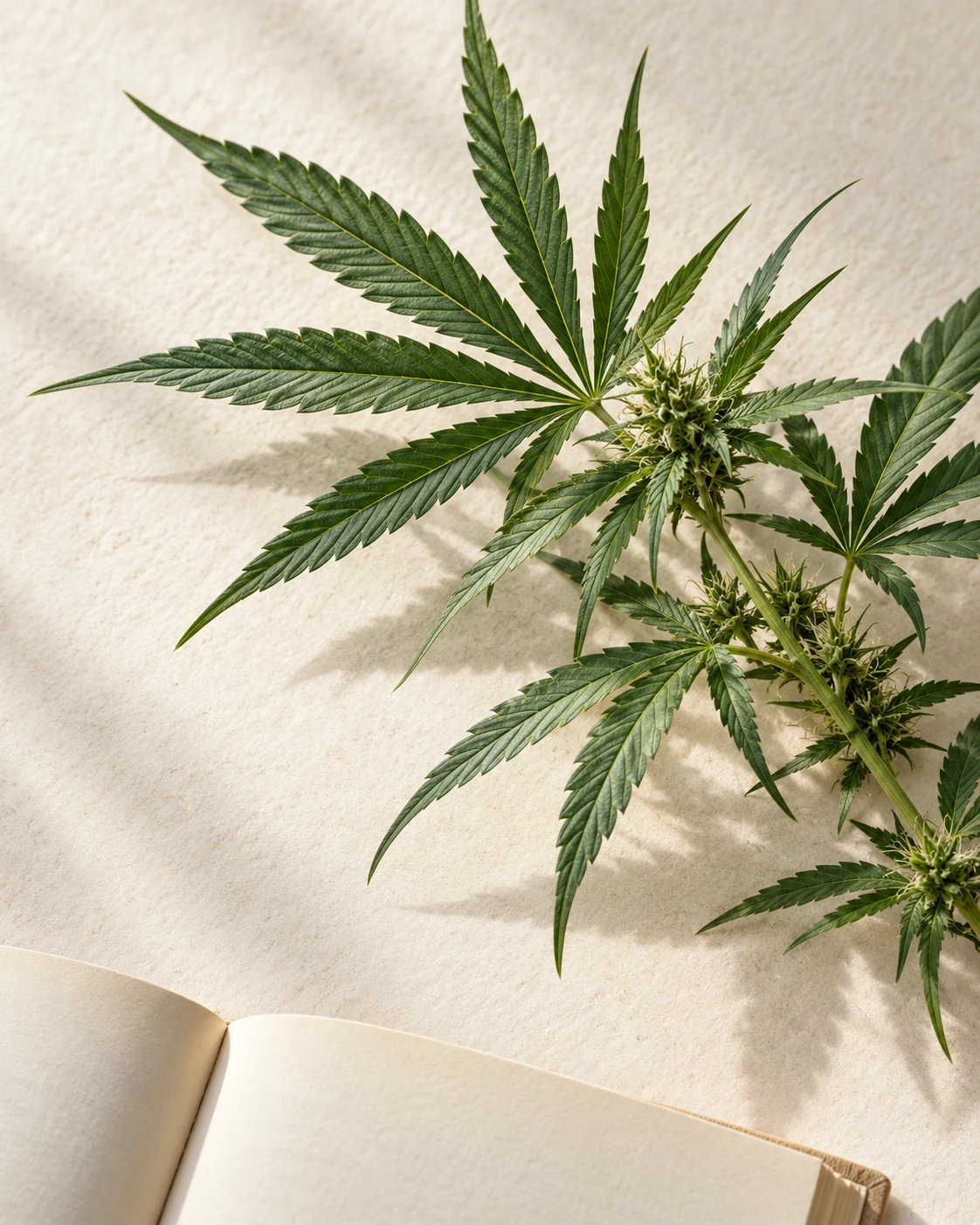Detailed green hemp leaves on warm ivory paper with an open book